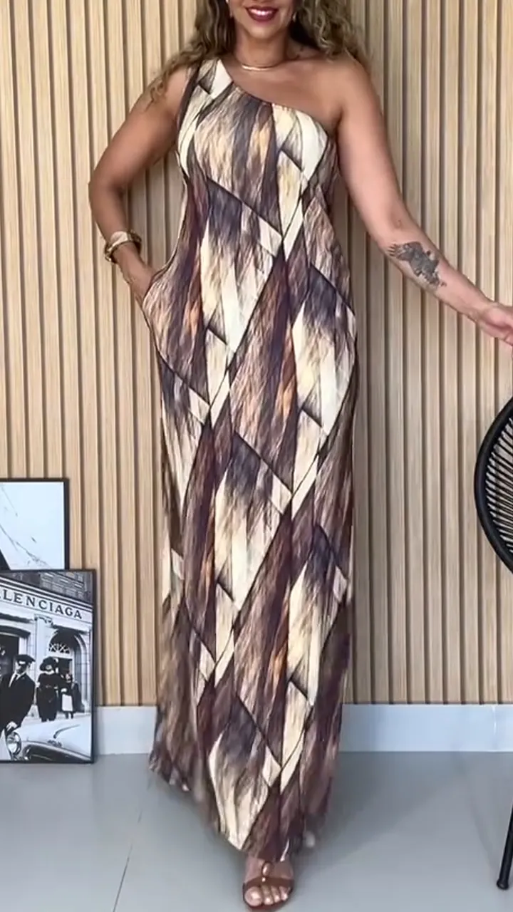 Women One Shoulder Sleeveless Printed Casual Dress with Temperament