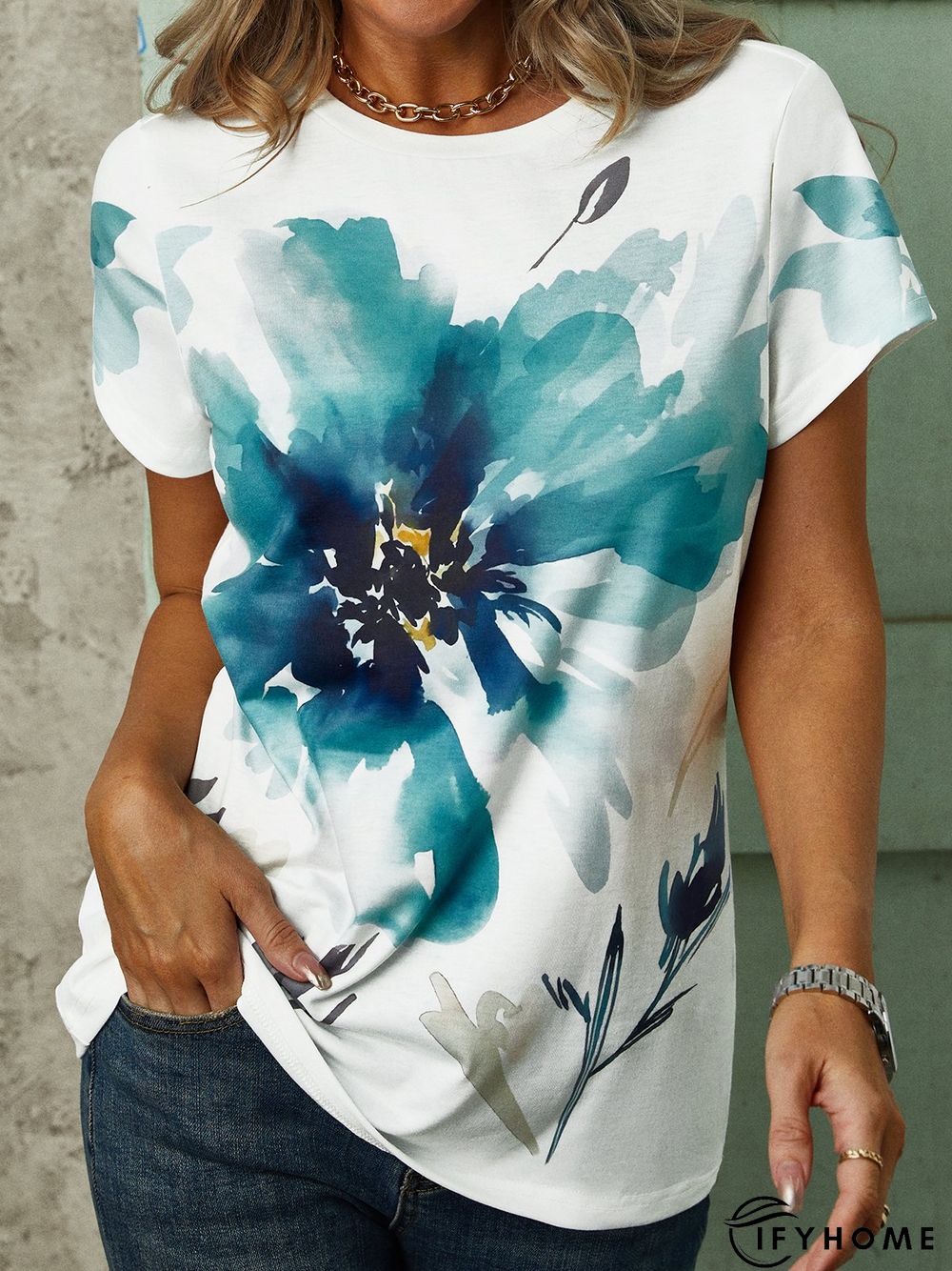 Crew Neck Floral Short Sleeve T-Shirt | IFYHOME