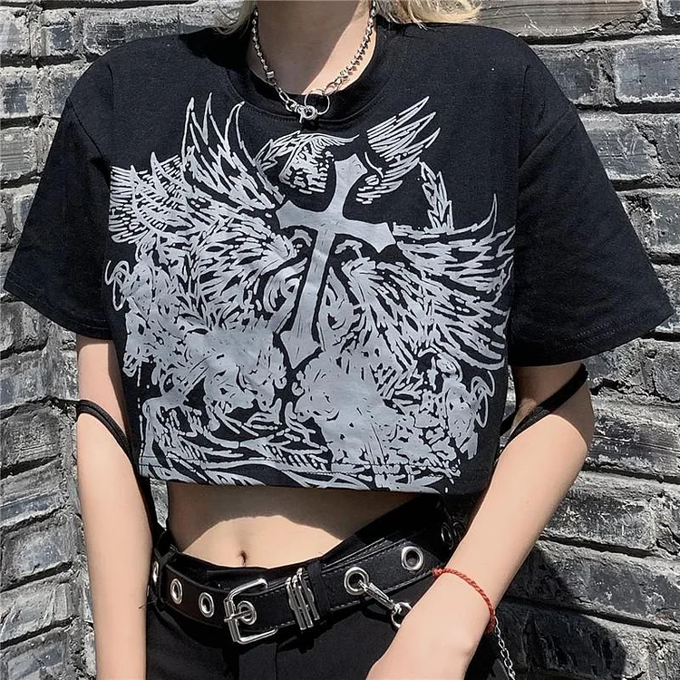 GOTHIC CROSS PATTERNED CROP TOP