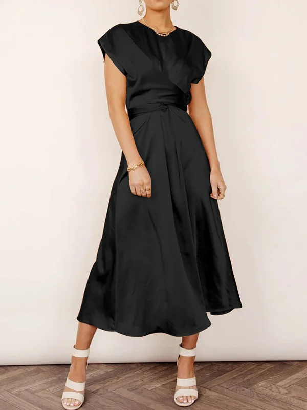 Tied Waist Split-Joint Solid Color Short Sleeves Loose Round-neck Midi Dresses
