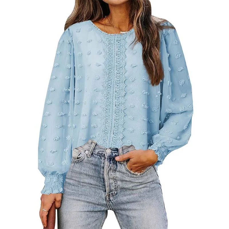 Casual Blouses For Women Fashion Lace Patchwork O Neck Elegant Office Work Ladies Oversized Long Sleeve Chiffon Blouse 2022