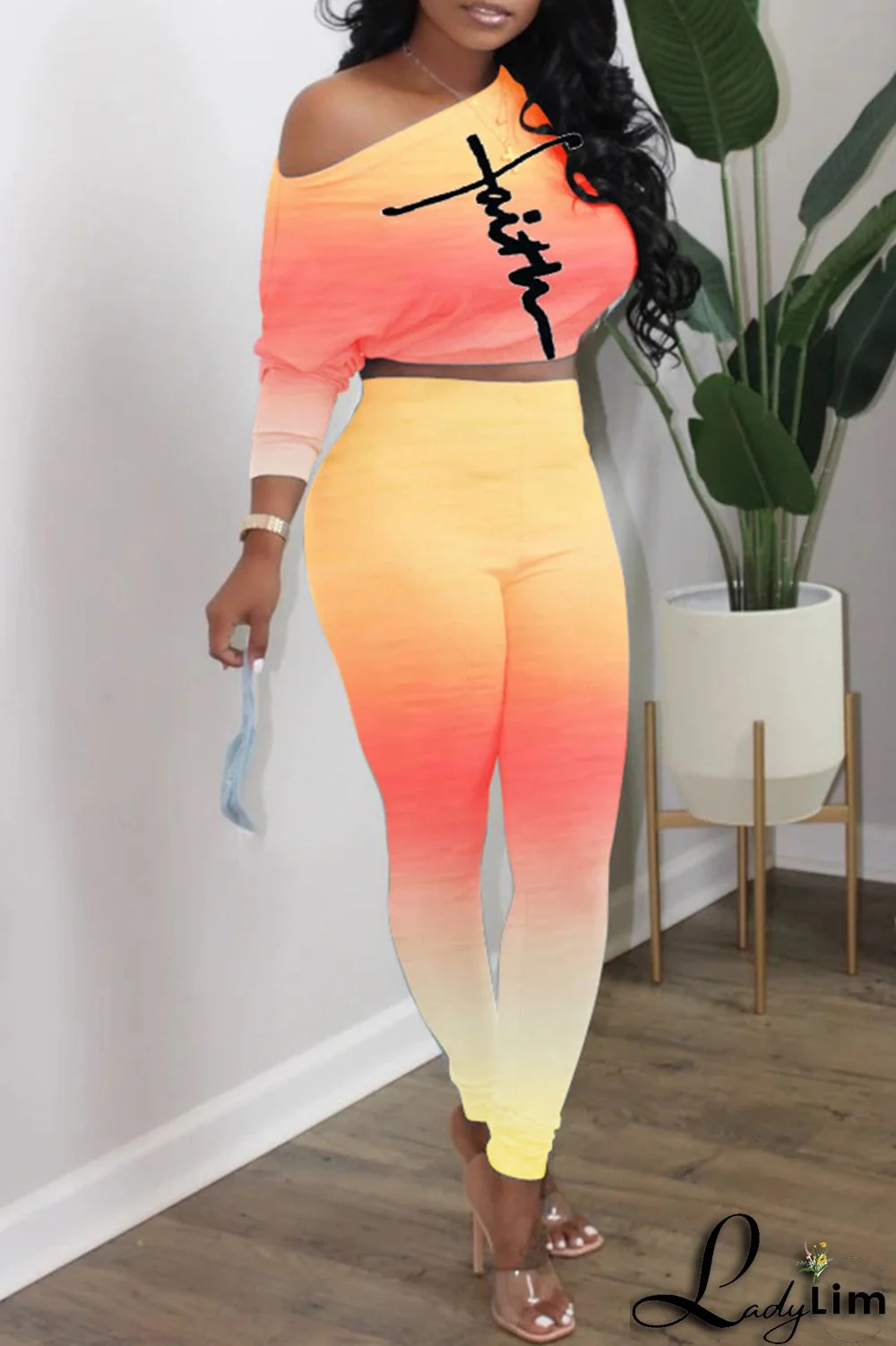 Purplish Blue Fashion Casual Gradual Change Print Basic Oblique Collar Long Sleeve Two Pieces