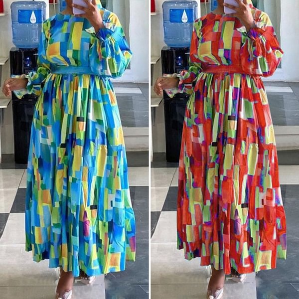 S-5XL Women Long Sleeve Vintage Printed Holiday Dress Fashion Pleated Party Long Dresses Kleid - Life is Beautiful for You - SheChoic
