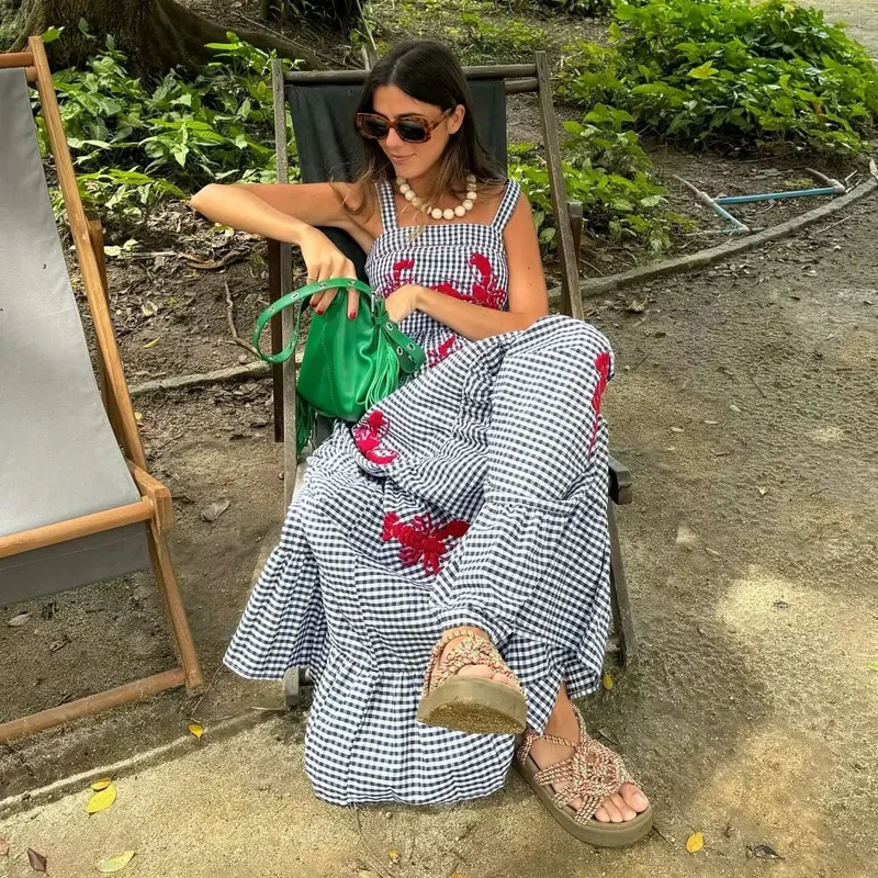 Women Ruffle Embroidery Slip Dress Sleeveless Plaid Pleated Backless Beach Maxi Dress