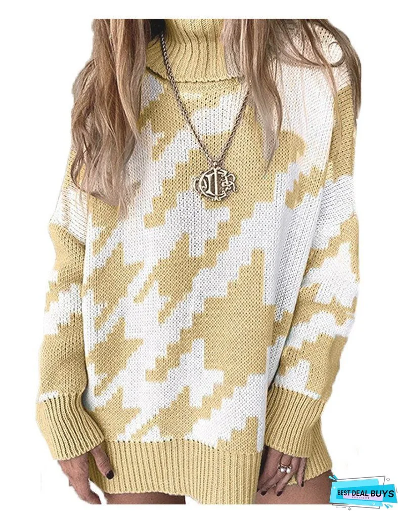 Thanksgiving Gift Autumn And Winter New Knitting Color Contrast Turtleneck Loose Women's Long Sleeve Sweater Casual All-Match Ladies Sweaters