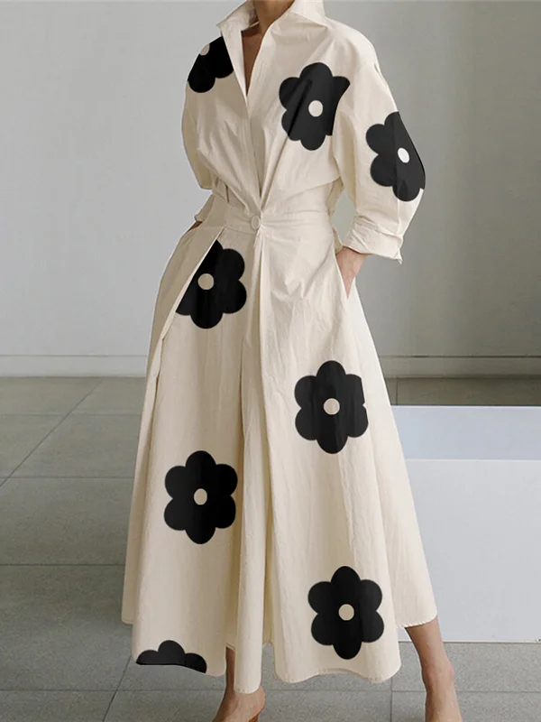 Elegant Long Sleeve Floral Shirt Dress with Pleated Detail