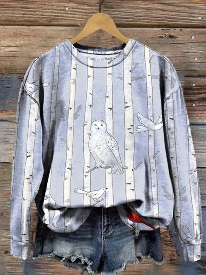Women's Winter Birch Owl Long Sleeve Crewneck Sweatshirt