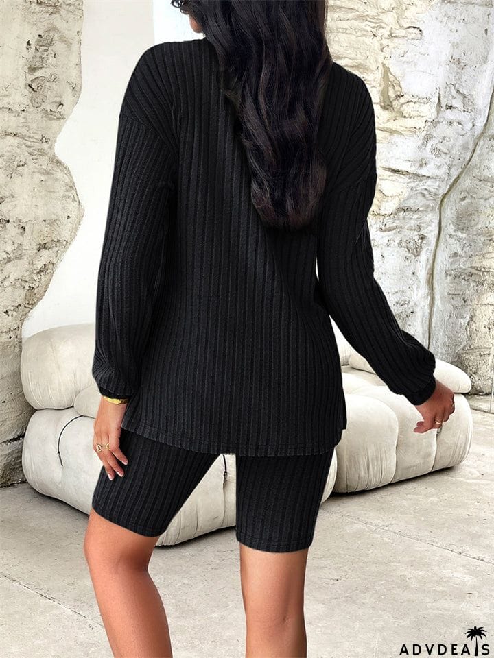 Female Pure Color Leisure Knitted Sweater + Shorts Two-piece Set