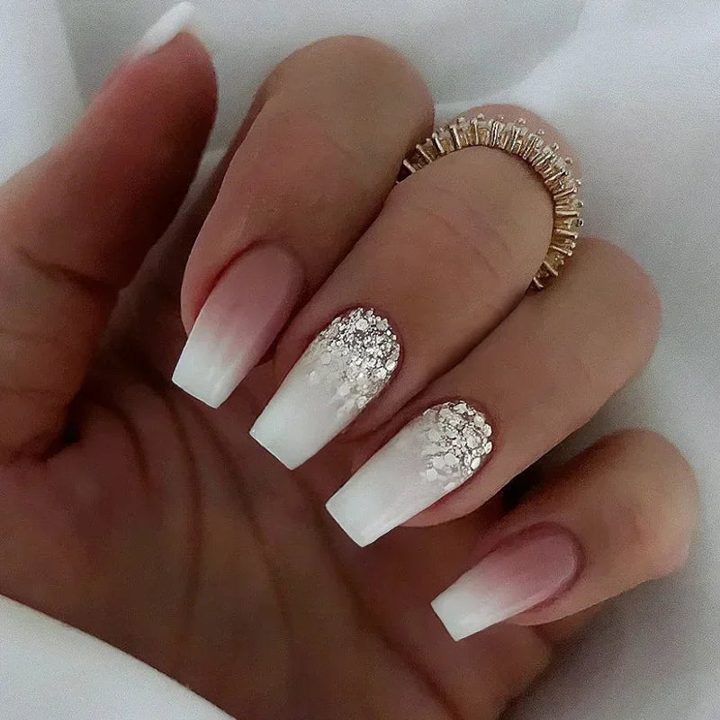 Hot Sexy Girl Simple Glossy Pure White Red Lip Long Coffin Fake Nail Tips Full Finished False Nail Press on Glue Manicure Woman LANFUBEISI