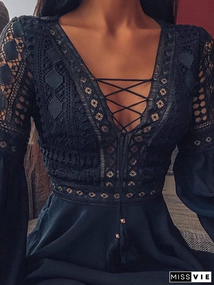 Deep V-neck Tie Long Sleeve Mini Dress for Women