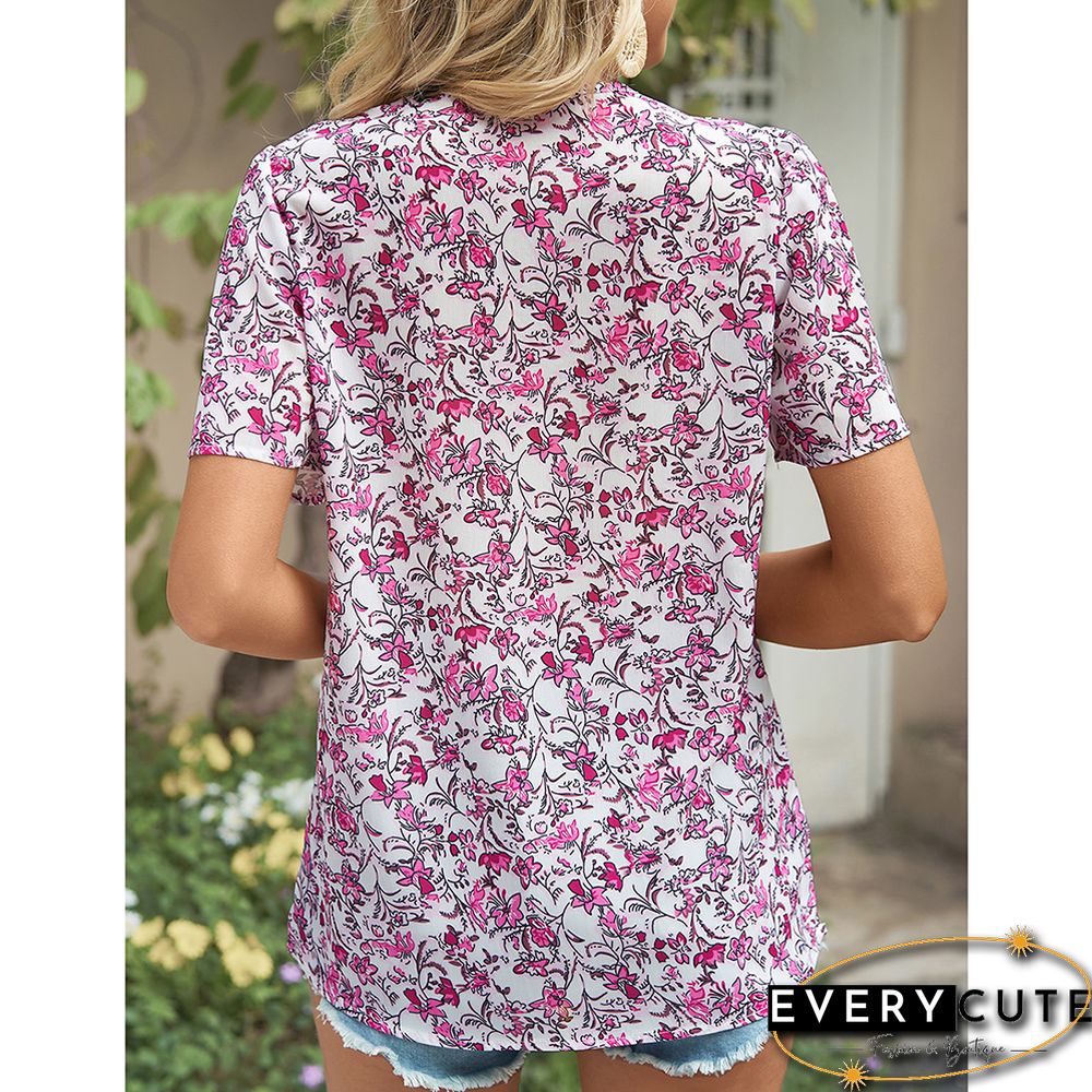 Purplish Red V Neck Floral Chiffon Short Sleeve Tees