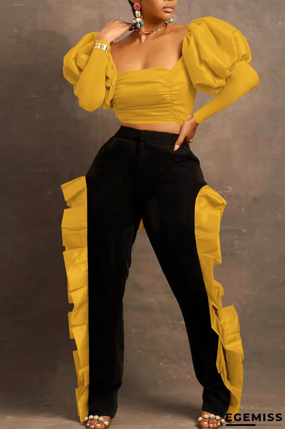 Yellow Sexy Solid Patchwork Flounce Fold Square Collar Long Sleeve Two Pieces | EGEMISS