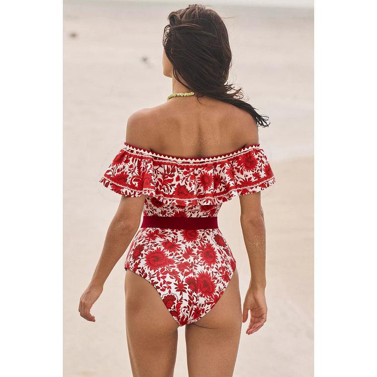 Bandeau Ruffled Red Flower Silhouette Print One Piece
