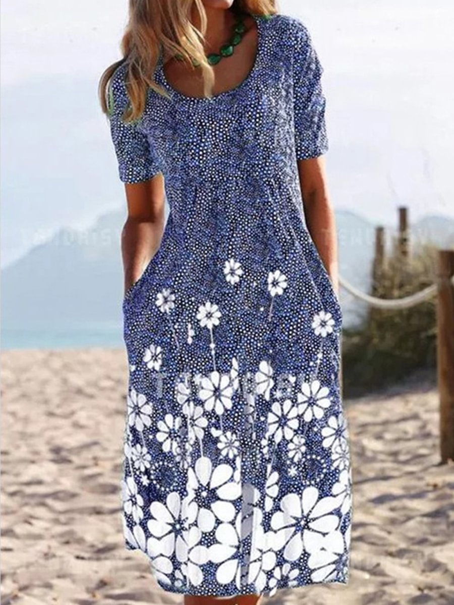 Casual Round Neck Floral Short Sleeve Dress