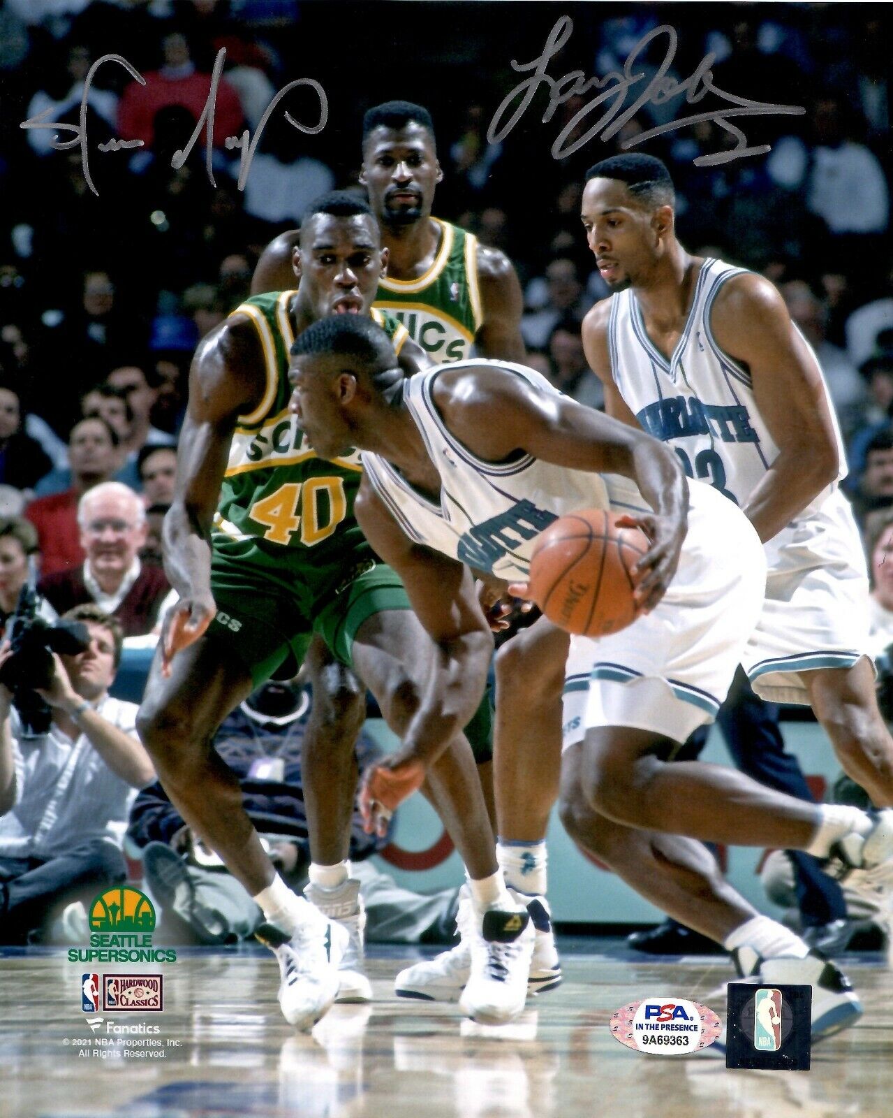 Shawn Kemp Larry Johnson signed 8x10 Photo Poster painting NBA Supersonics Hornets PSA Witness