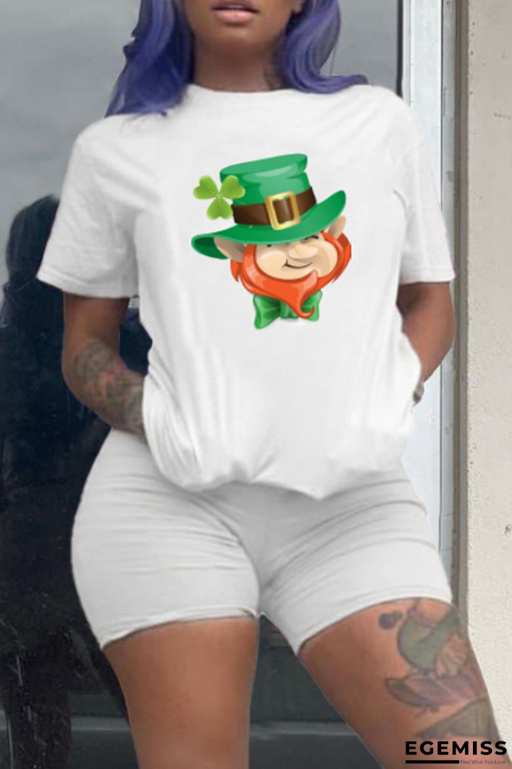 White Fashion Casual Print Basic O Neck Short Sleeve Two Pieces | EGEMISS