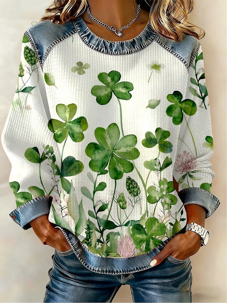 Women's Casual St Patrick's Day Print Waffle Sweatshirt 
