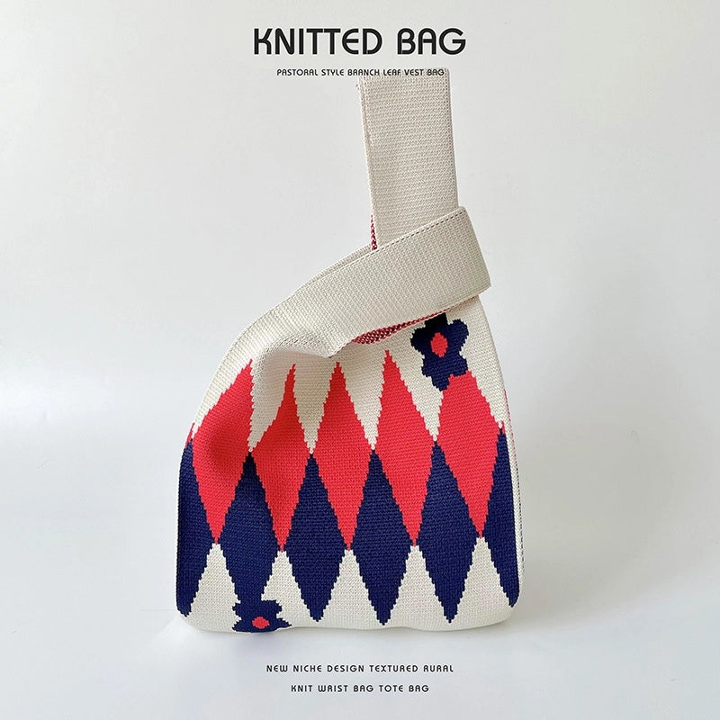 Women’s Medium Knit Letter Flower Cute Vintage Style Square Open Handbag