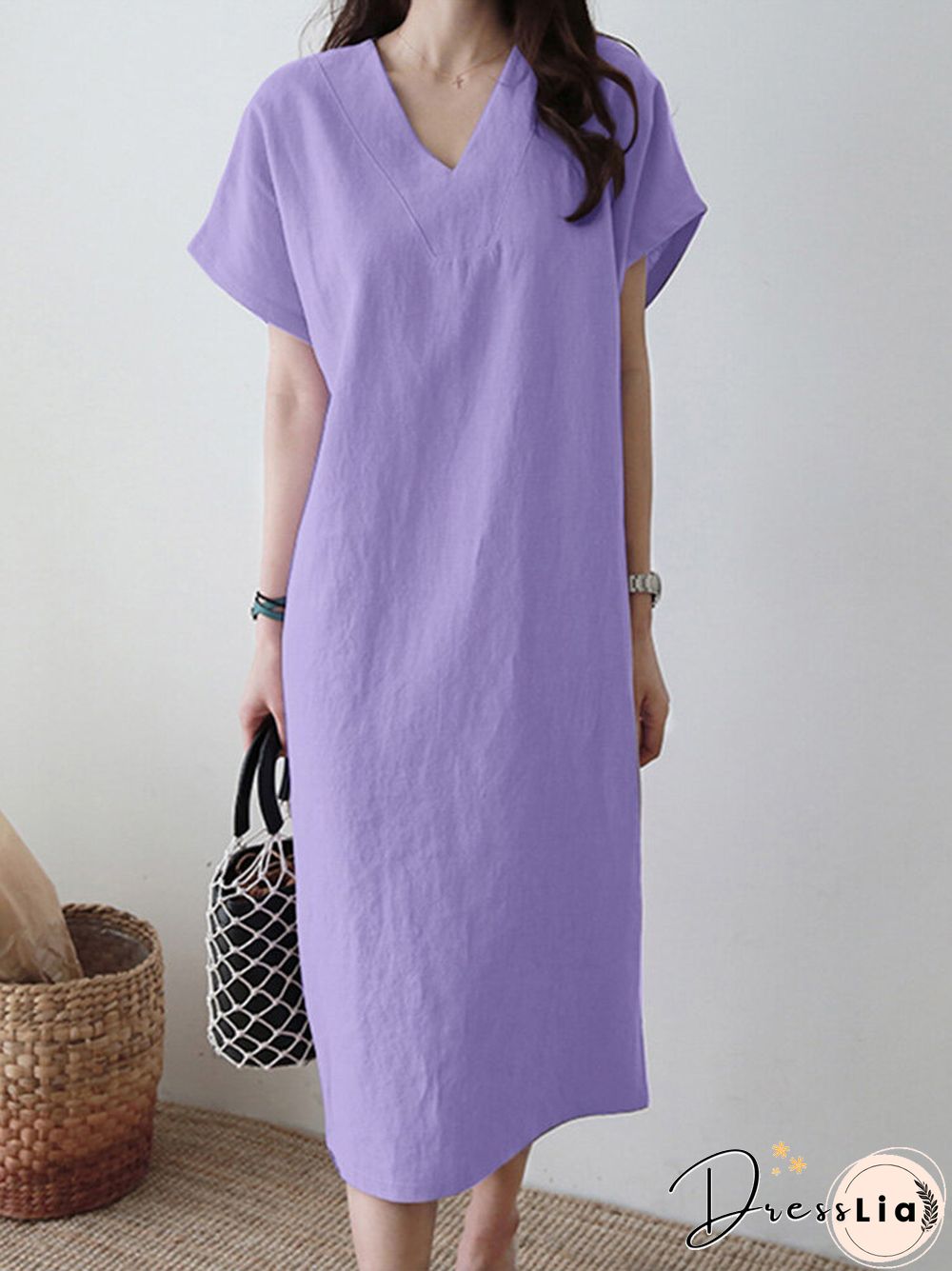 Solid V-neck Short Sleeve Dress For Women