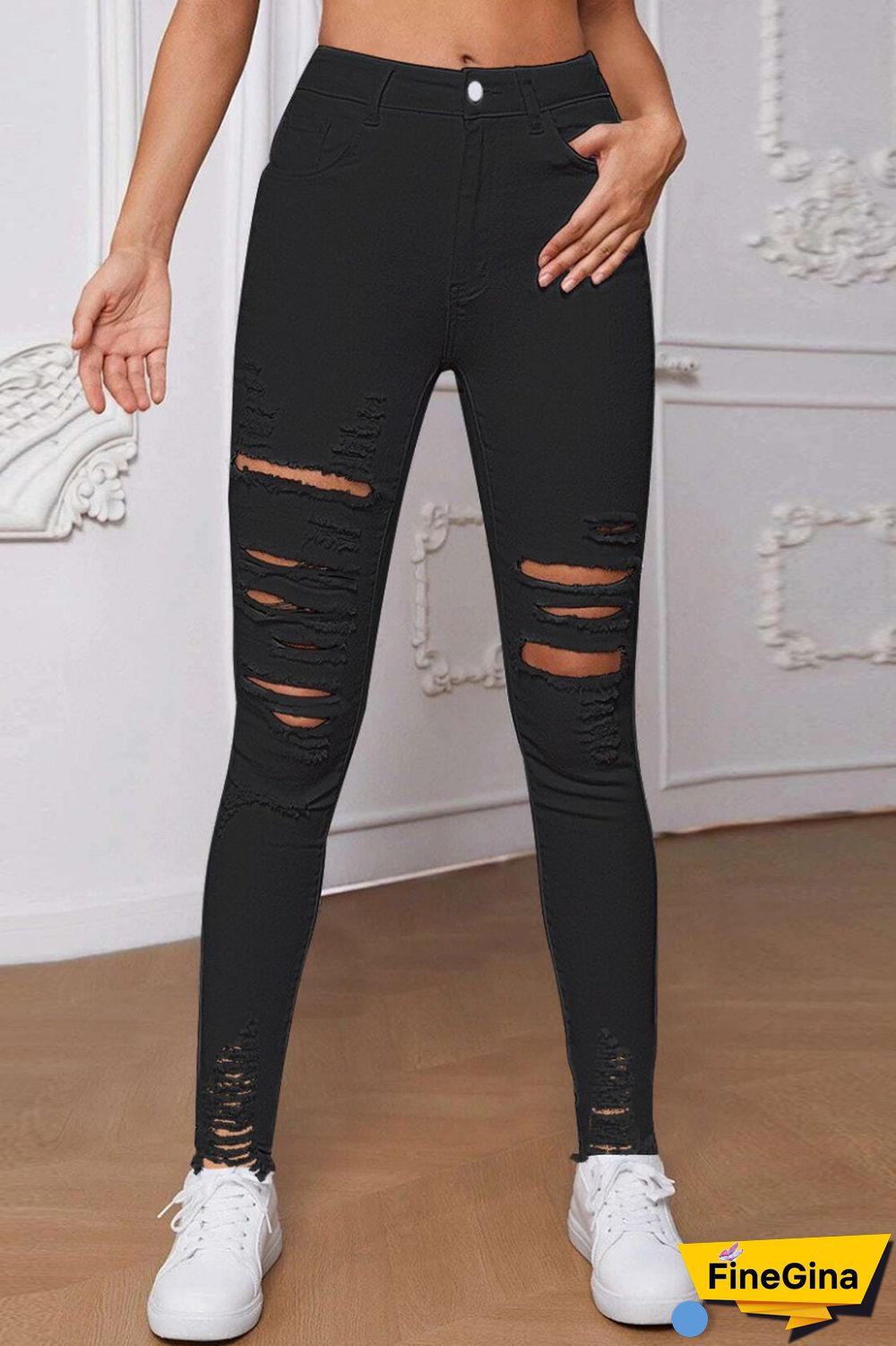 White Casual Solid Ripped Patchwork High Waist Skinny Denim Jeans