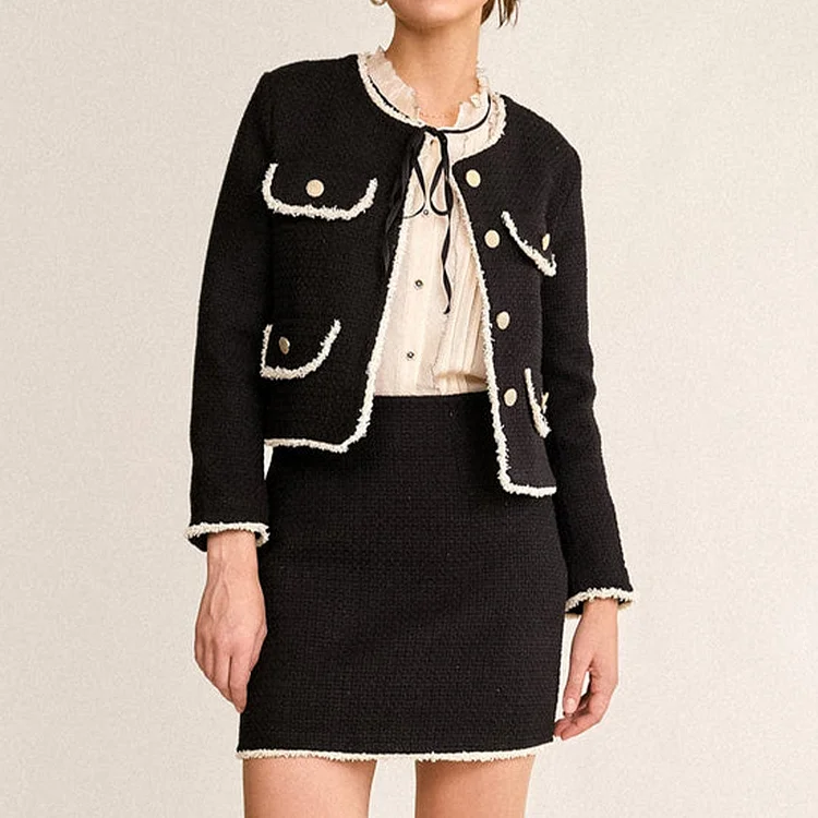 Black Contrast Frayed Trim Tweed Jacket & Mini Skirt Two-Piece Set QueenFunky