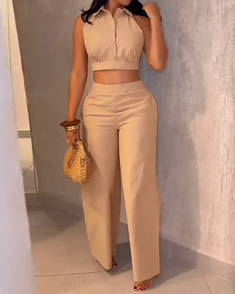 Lapel sleeveless solid color two-piece suit