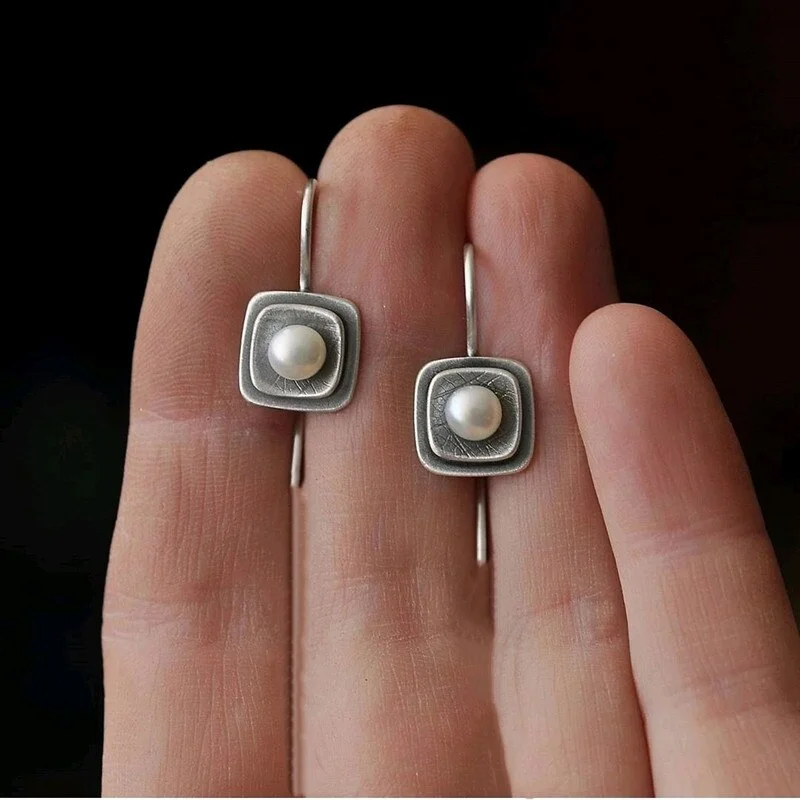 Exquisite Round White Pearl Earrings Simple Fashion Silver Color Metal Double Layer Square Long Hook Dangle Earrings for Women