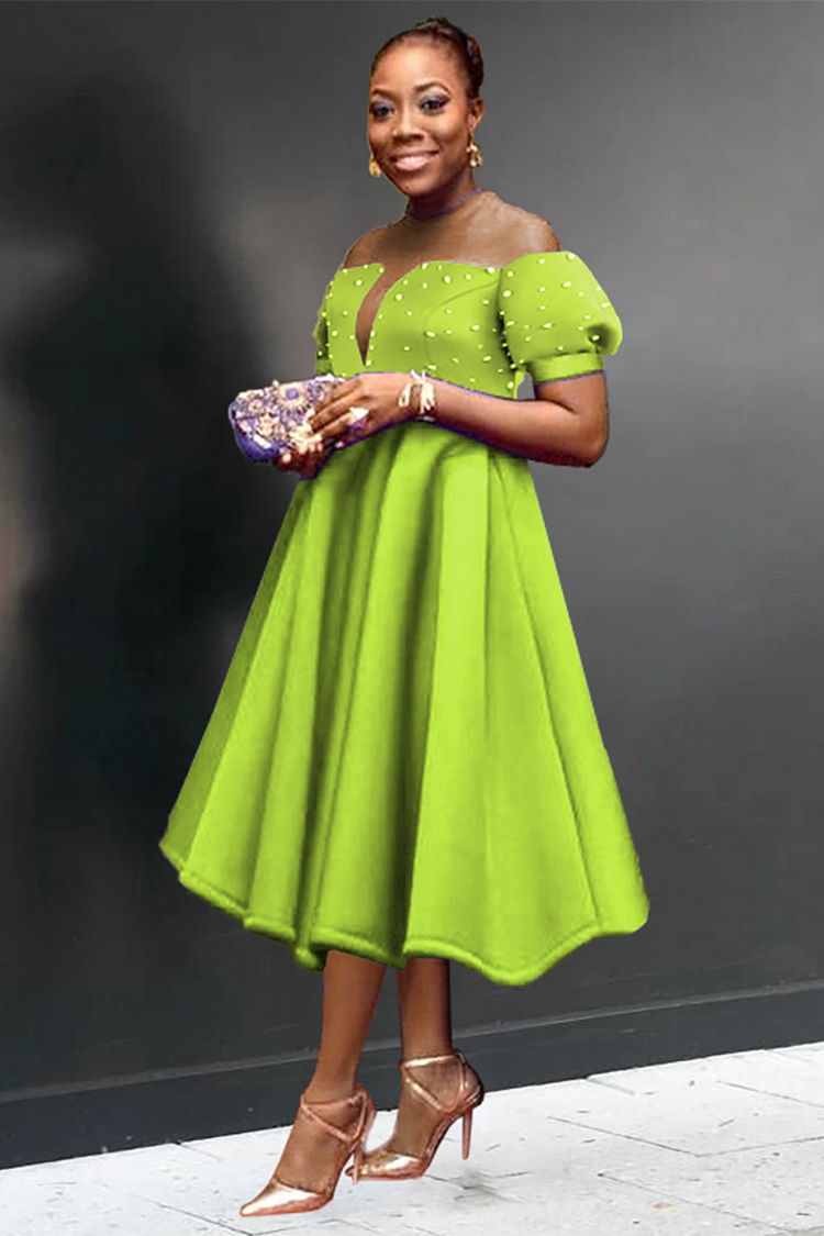 Pearls Decor Off Shoulder Puff Sleeve A-Line Formal Party Midi Dresses-Green