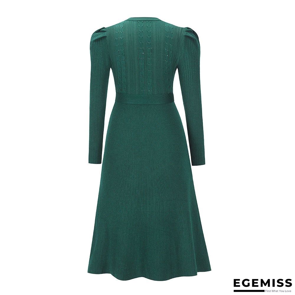 Bubble Long Sleeve Knitted Skirt Medium Long Wool Dress Black Dresses | EGEMISS