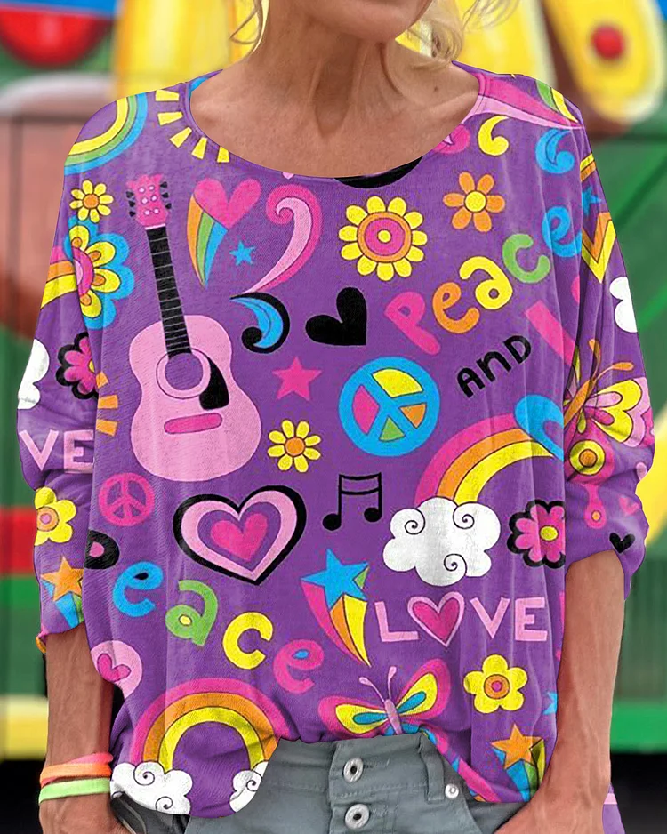 Peace And Love Print Loose Round Neck Women's Long Sleeve T-Shirt