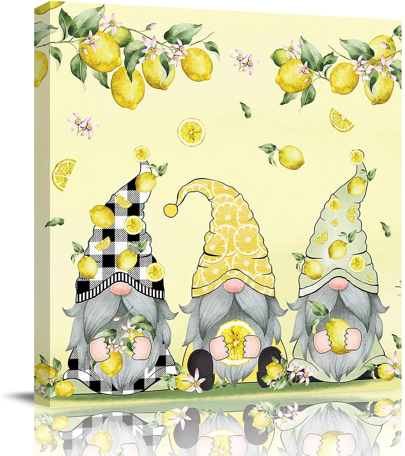 Beauty Decor Canvas Wall Art For Living Room Bedroom Summer Lemon Fruit Gnome Yellow Plaid Canvas Artwork Picture Print for Home Kitchen Bar, Easy to Hang,16x16 inch 16x16 inch