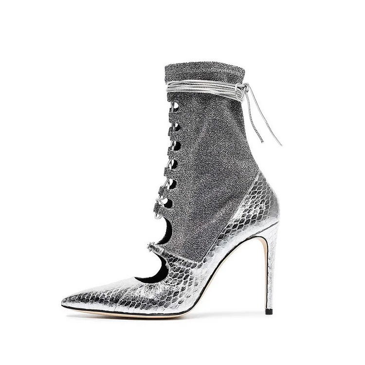 Silver Python Lace up Stiletto Heels Boots Pointy Toe Ankle Boots |FSJ Shoes