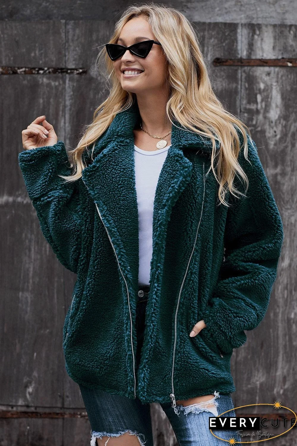 Green Breaker Pocketed Sherpa Statement Jacket