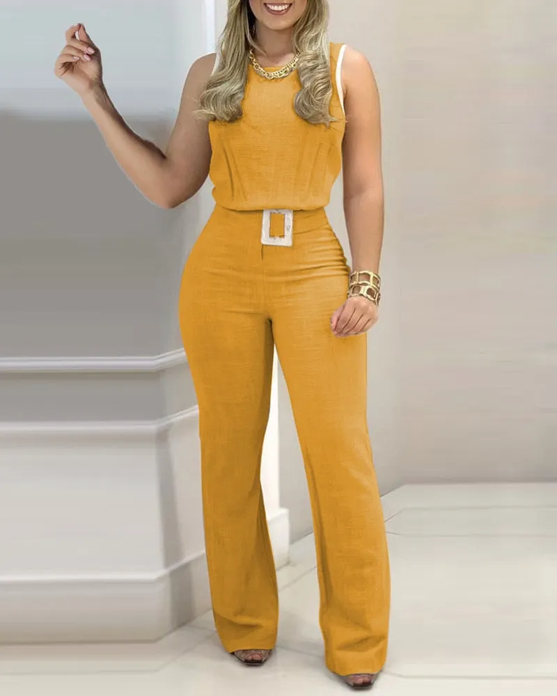 2021 Ladies Fashion Sleeveless Sexy Off-the-shoulder Top High Waist Skinny Flared Pants Two-Piece Set with Belt