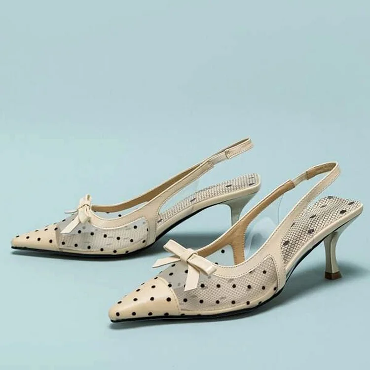 Beige Polka Dot Heels Pointed Toe Bow Pumps Kitten Heel Net Shoes |FSJ Shoes