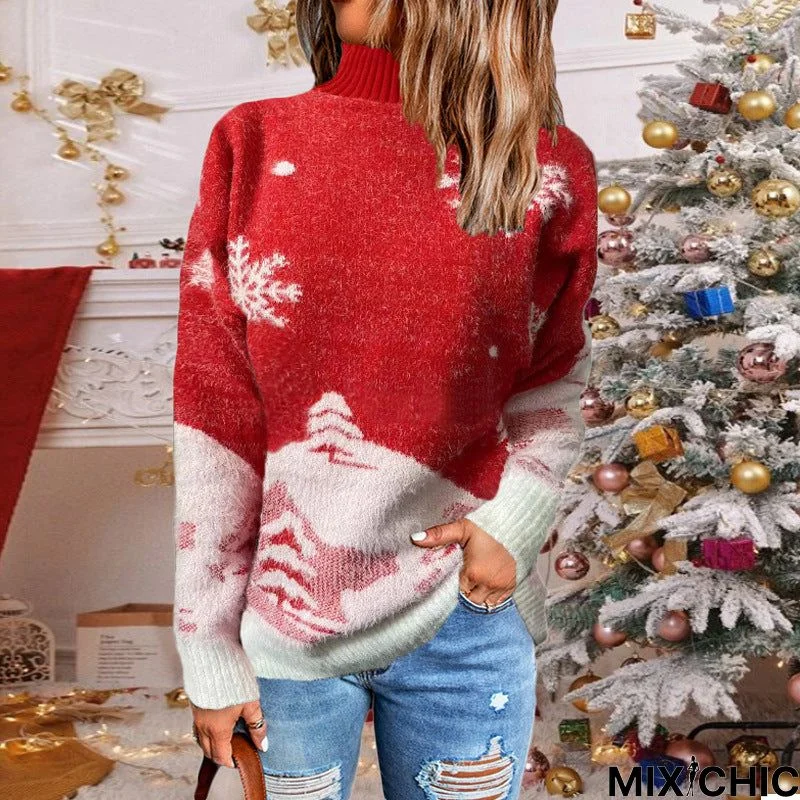 Pullover Pretty Christmas Turtleneck Knitting Women's Blouse