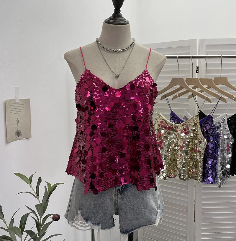 Nigikala Nigikala Shoot Hottie Sexy Night Club Heavy Bling Flash Shiny V Tie Sling Vest Sleeveless Top 3032