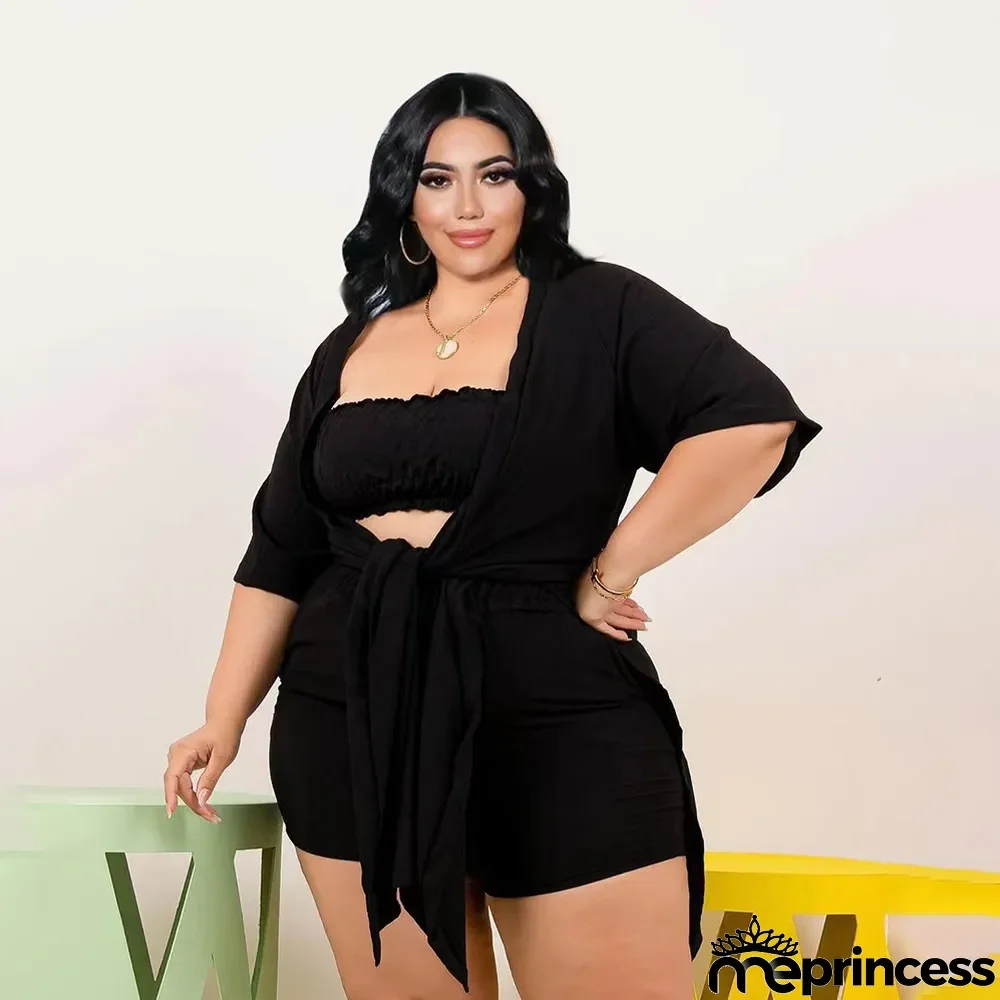Plus Size Solid Tube Top+Colak Coat+Shorts 3 Piece Sets