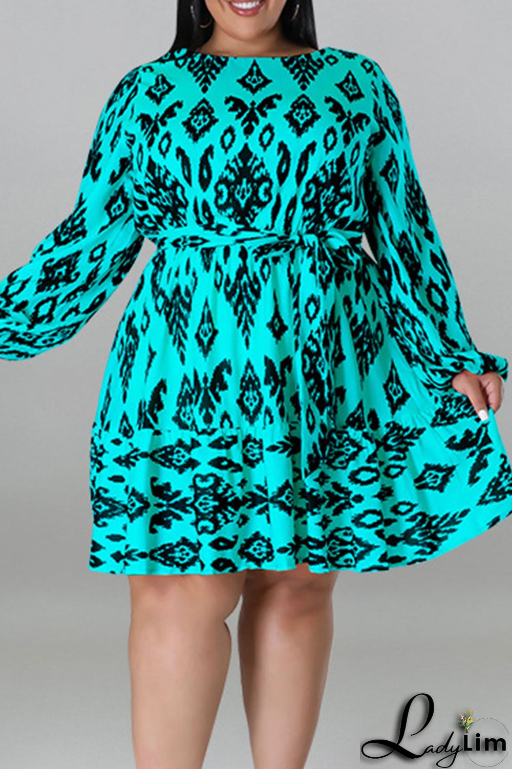 Light Apricot Casual Print Bandage Patchwork O Neck Straight Plus Size Dresses