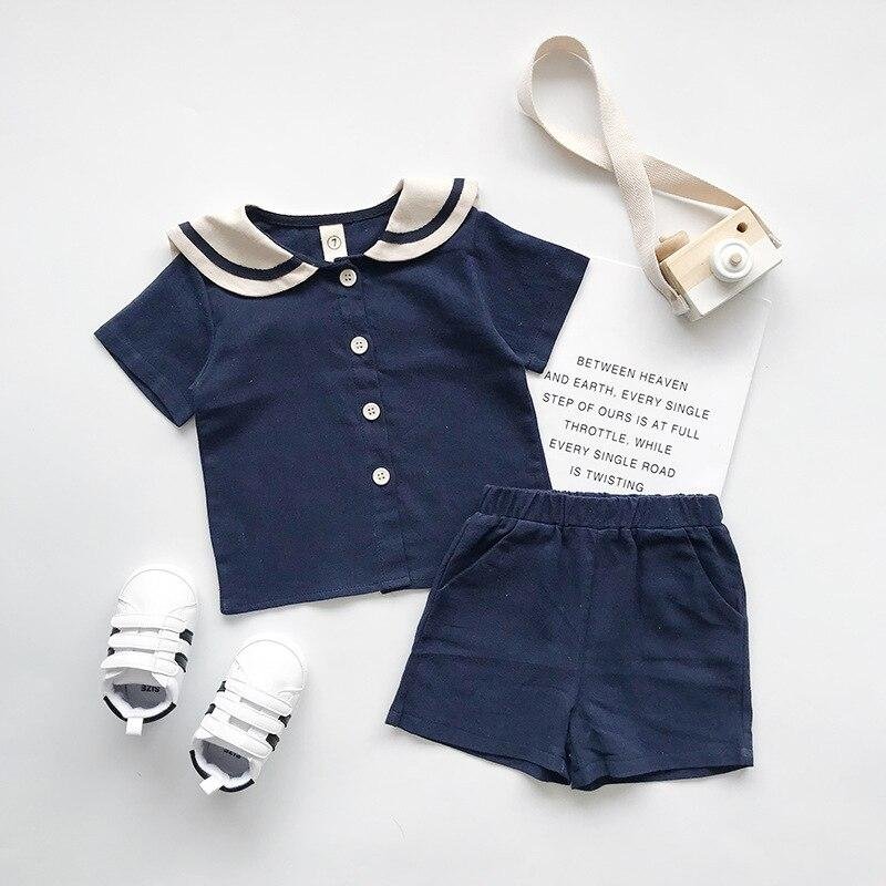 Navy Style Summer Clothes for Boys Girls Outfit Cotton T-Shirt + Shorts 2PCS Baby Kids Elastic Waist Dress Solid 2 3 4 5 6 Years