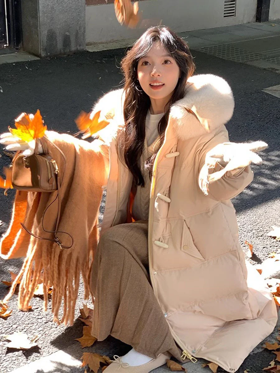 Toloer Pinghu Down Jacket Female Winter 2024 New Advanced Sense Sweet White Duck Velvet Ox Horn Buckle Thick Warm Long Coat-Outfit Ideas