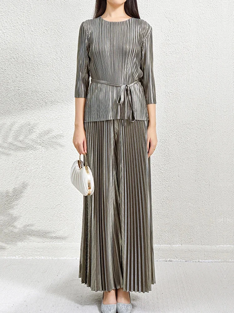 Original Beige O-neck Three-quarter Sleeve Pleated Top And Pleated Wide Leg Pants Set