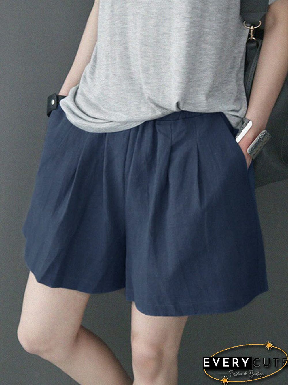 Leisure Solid Ruched Pocket Cotton Shorts