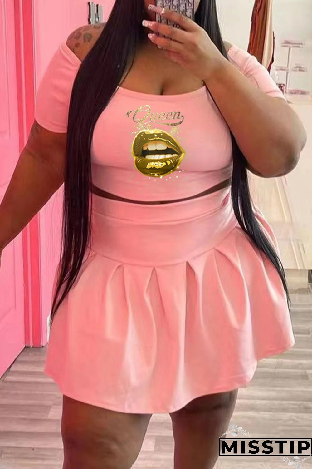 Black Fashion Casual Lips Printed Basic O Neck Short Sleeve Two Pieces