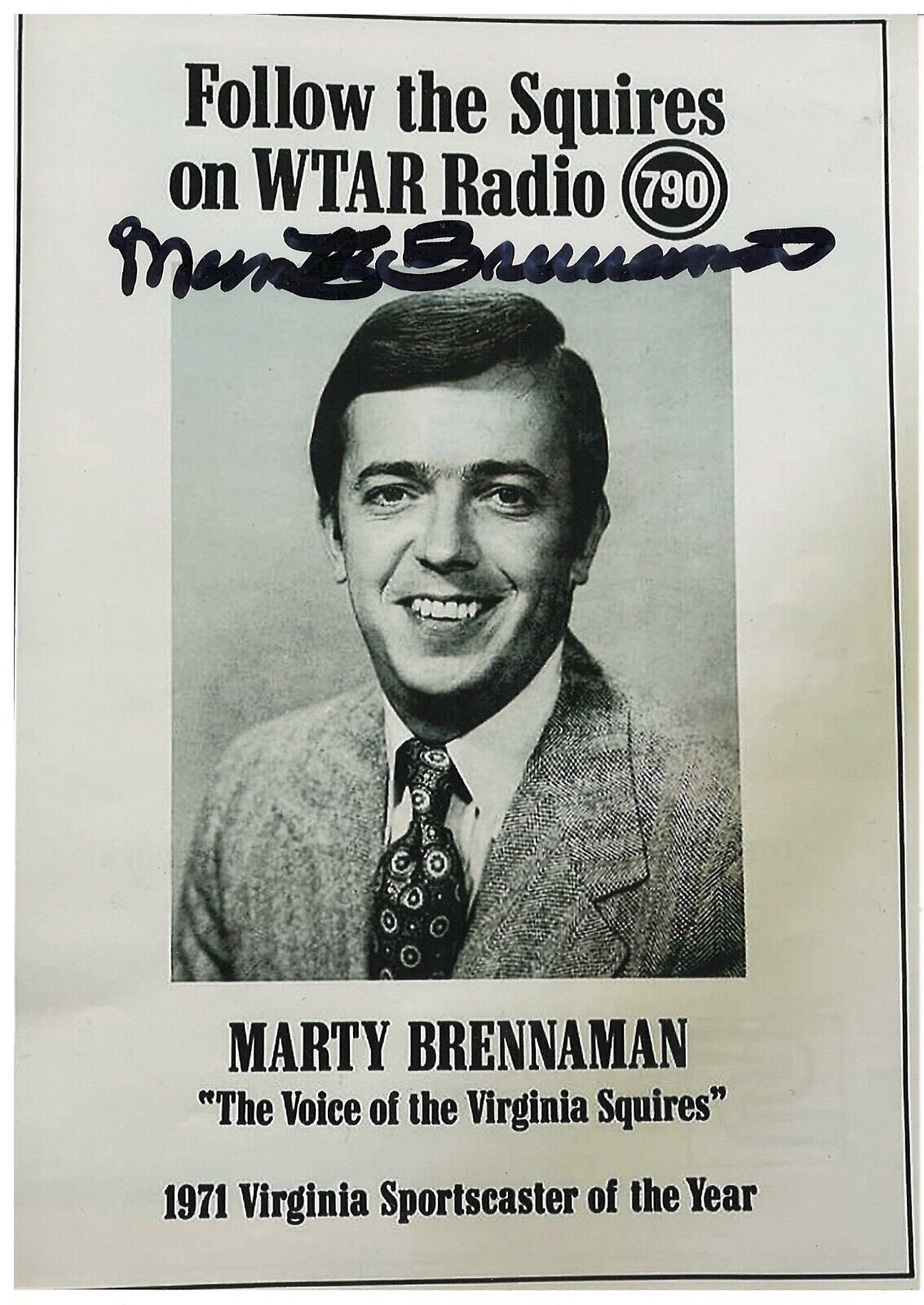 MARTY BRENNAMAN VIRGINIA SQUIRES BROADCASTER RARE SIGNED Photo Poster painting