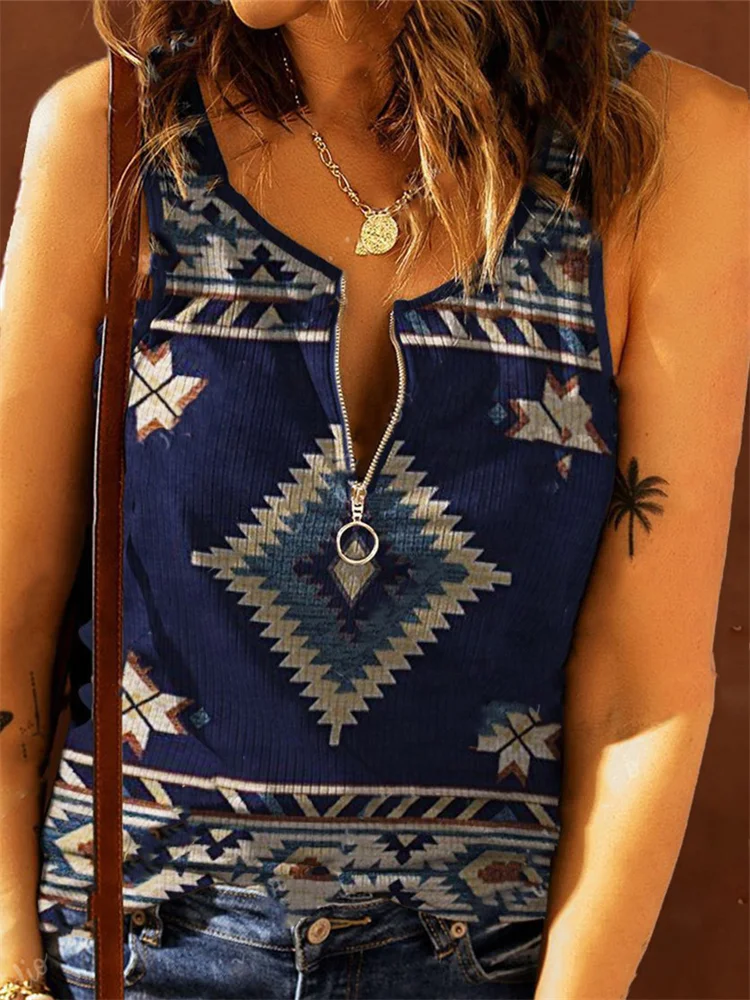 Comstylish Western Ethnic Aztec Zip Up Tank Top