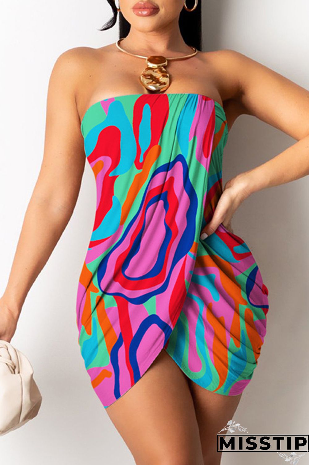 Cyan Sexy Print Patchwork Backless Strapless Sleeveless Dress Dresses