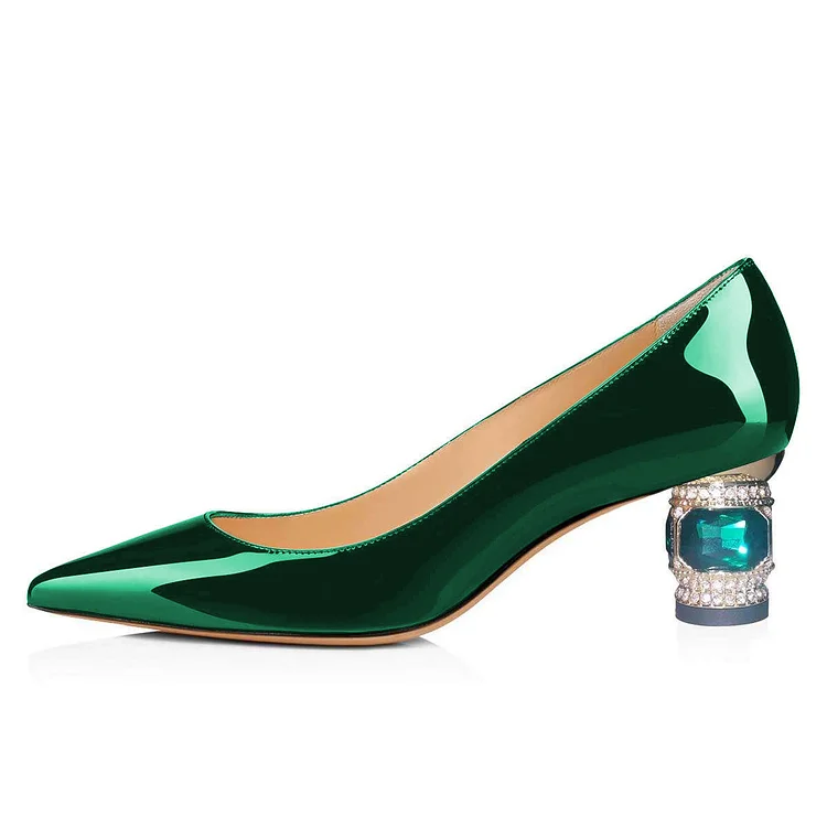 Green Mirror Leather Crystal Chunky Heels Pumps |FSJ Shoes