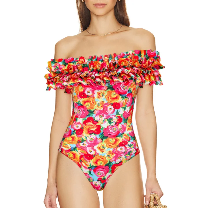 Detachable Double Shoulder Strap With Ruffles One Piece Swimsuit and Sarong Flaxmaker (Shipped on Jun 6th)
