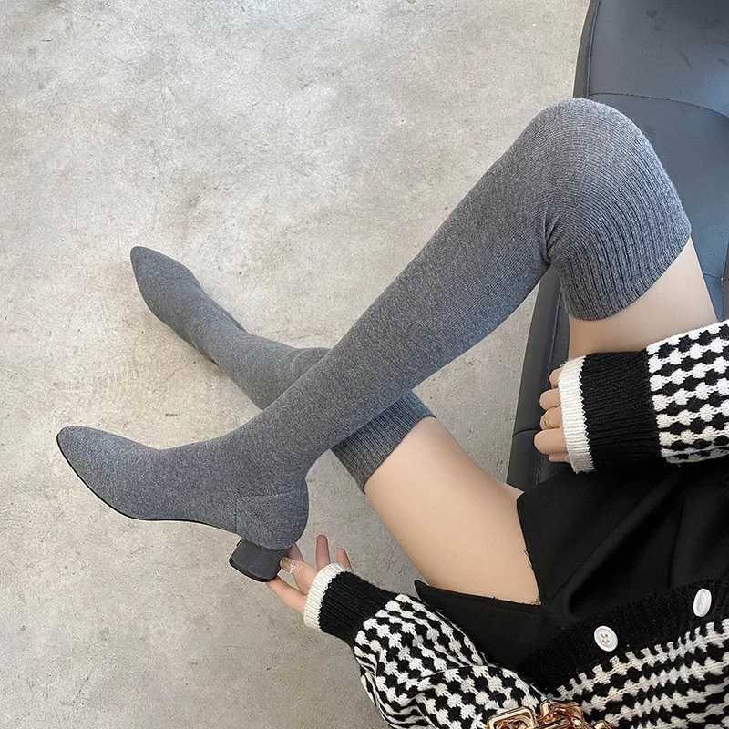 Wongn Wongn Stockings Boots Pointed Thin Boots Women Long Tube Knitting Wool Elastic Socks Boots Thick Heel High Heels Over The Knee Boots Women